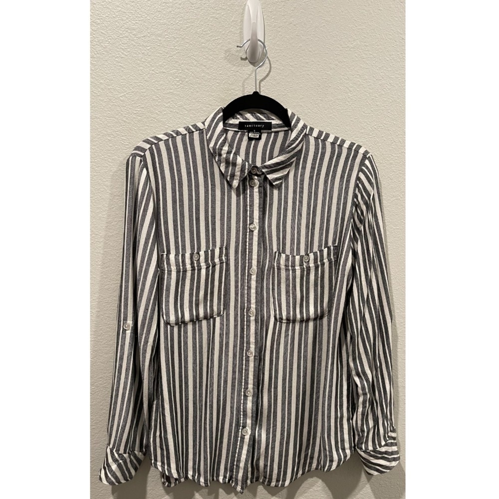 SANCTUARY Black White Striped Buttons Down Long Sleeve Shirt